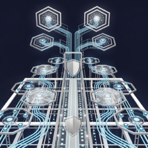 Abstract illustration depicting AI infrastructure scaling with integrated safety mechanisms through geometric network structures