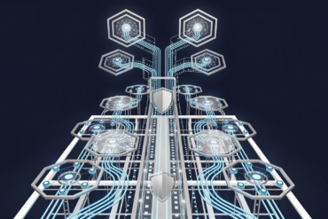 Abstract illustration depicting AI infrastructure scaling with integrated safety mechanisms through geometric network structures