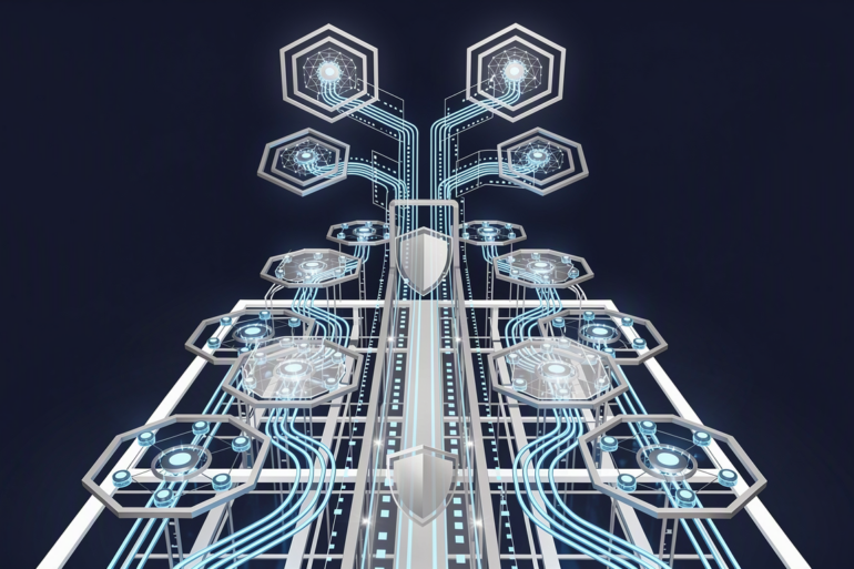 Abstract illustration depicting AI infrastructure scaling with integrated safety mechanisms through geometric network structures