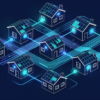 Illustration of distributed network architecture connecting residential homes with glowing data nodes