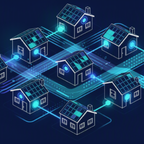 Illustration of distributed network architecture connecting residential homes with glowing data nodes