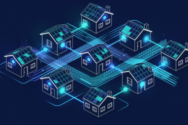 Illustration of distributed network architecture connecting residential homes with glowing data nodes
