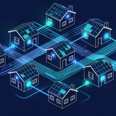 Illustration of distributed network architecture connecting residential homes with glowing data nodes