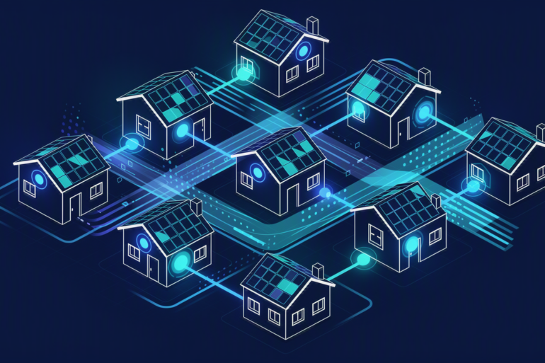Illustration of distributed network architecture connecting residential homes with glowing data nodes