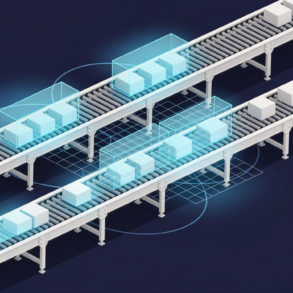 Abstract illustration of AI-powered quality inspection system scanning products on manufacturing production line