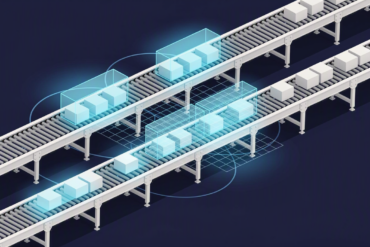 Abstract illustration of AI-powered quality inspection system scanning products on manufacturing production line