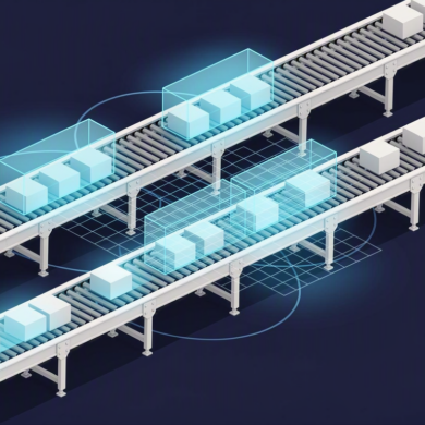 Abstract illustration of AI-powered quality inspection system scanning products on manufacturing production line