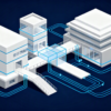 Abstract illustration of interconnected research laboratory structures with flowing data pathways representing AI infrastructure accessibility