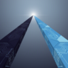 Abstract illustration depicting technological competition through geometric ascending pathways in navy and blue tones