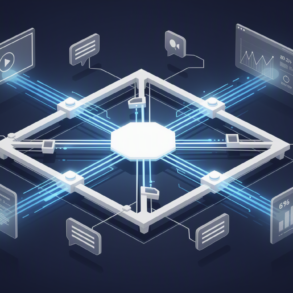 Abstract illustration of data streams and communication channels converging into integrated AI platform