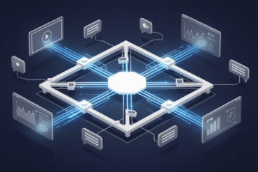 Abstract illustration of data streams and communication channels converging into integrated AI platform