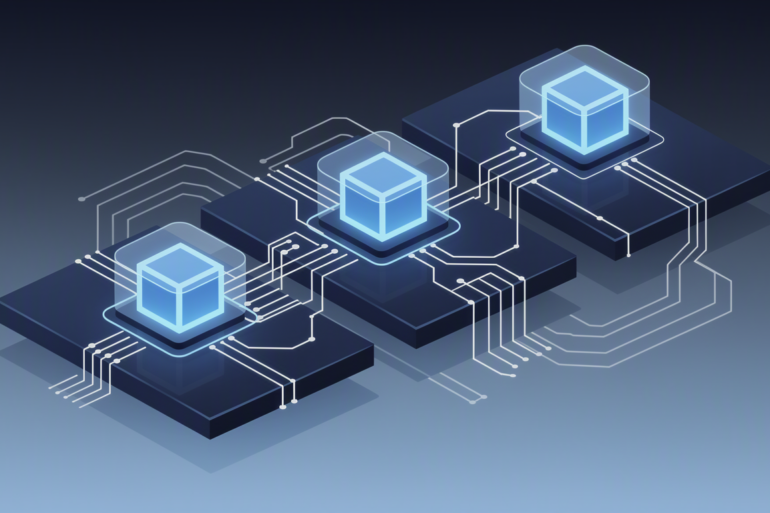 Abstract illustration of cloud infrastructure with embedded modular AI components representing AWS and Superblocks integration