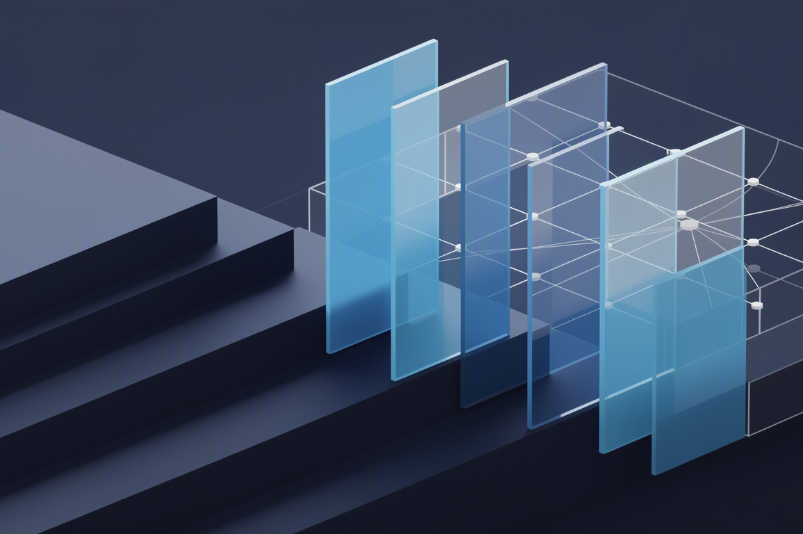 Abstract geometric illustration representing EU AI Act regulatory framework with layered platforms and oversight structures