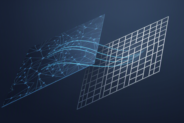 Abstract geometric illustration representing leadership restructure at Google DeepMind with overlapping angular forms and neural network patterns