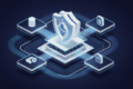 Abstract illustration of layered security protecting cloud applications with interconnected platforms and data streams