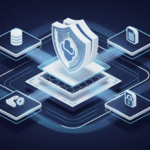 Abstract illustration of layered security protecting cloud applications with interconnected platforms and data streams