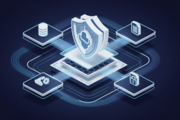 Abstract illustration of layered security protecting cloud applications with interconnected platforms and data streams
