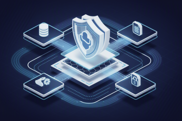 Abstract illustration of layered security protecting cloud applications with interconnected platforms and data streams
