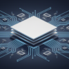 Geometric illustration of AI chip architecture with circuit pathways representing semiconductor technology