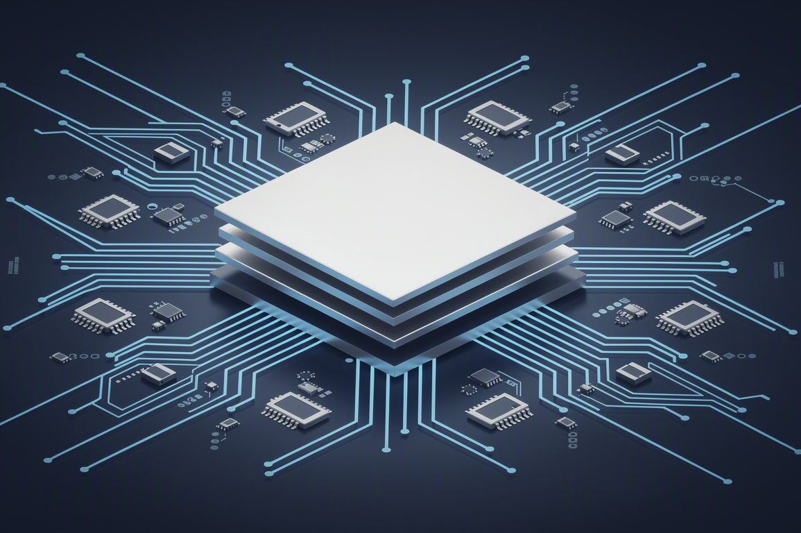 Geometric illustration of AI chip architecture with circuit pathways representing semiconductor technology
