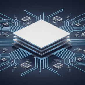 Geometric illustration of AI chip architecture with circuit pathways representing semiconductor technology