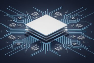 Geometric illustration of AI chip architecture with circuit pathways representing semiconductor technology