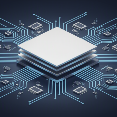 Geometric illustration of AI chip architecture with circuit pathways representing semiconductor technology