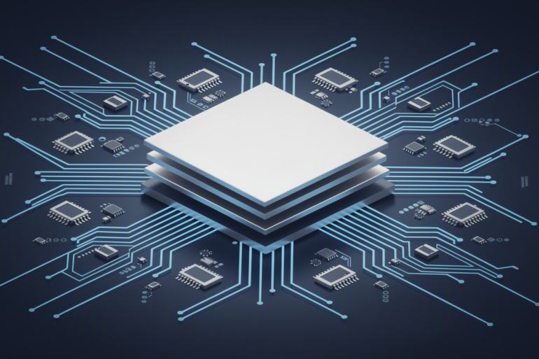 Geometric illustration of AI chip architecture with circuit pathways representing semiconductor technology