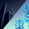 Abstract illustration showing contrast between corporate and research AI development approaches