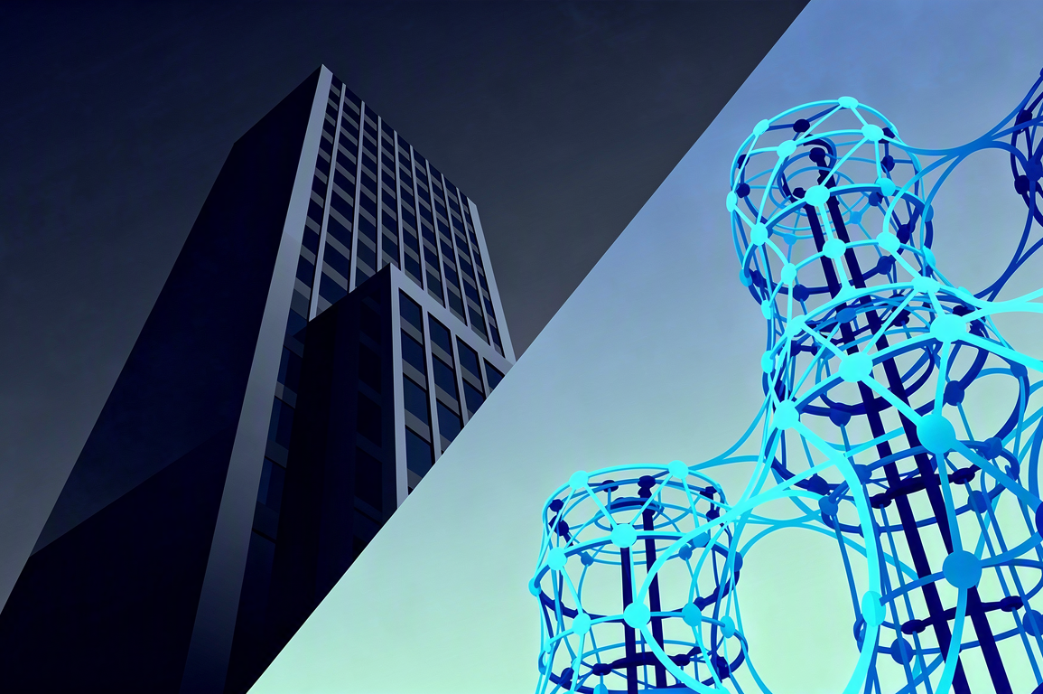 Abstract illustration showing contrast between corporate and research AI development approaches