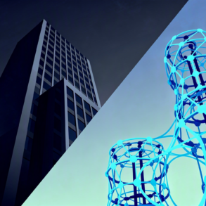 Abstract illustration showing contrast between corporate and research AI development approaches