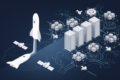 Abstract illustration depicting SpaceX's business transformation from aerospace to AI infrastructure with geometric shapes representing rockets and data centres