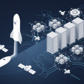 Abstract illustration depicting SpaceX's business transformation from aerospace to AI infrastructure with geometric shapes representing rockets and data centres