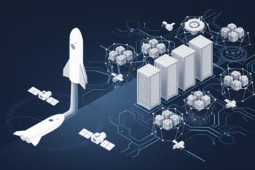 Abstract illustration depicting SpaceX's business transformation from aerospace to AI infrastructure with geometric shapes representing rockets and data centres
