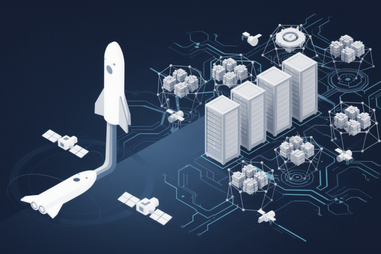 Abstract illustration depicting SpaceX's business transformation from aerospace to AI infrastructure with geometric shapes representing rockets and data centres