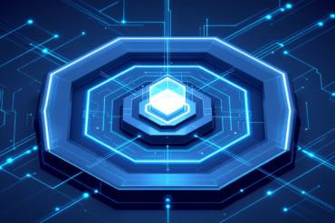 Abstract illustration of AI agent containment system with geometric security barriers and controlled data flows