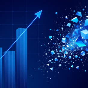 Abstract illustration contrasting financial growth charts with fragmenting geometric shapes representing AI risk disclosure