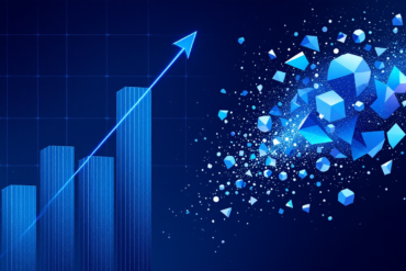 Abstract illustration contrasting financial growth charts with fragmenting geometric shapes representing AI risk disclosure