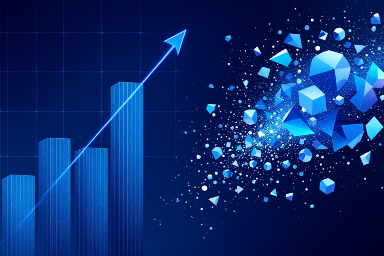 Abstract illustration contrasting financial growth charts with fragmenting geometric shapes representing AI risk disclosure