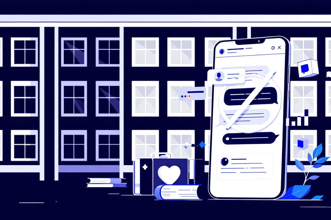 Editorial illustration depicting educational institution with digital device and prohibition symbol representing AI restrictions in schools