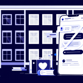 Editorial illustration depicting educational institution with digital device and prohibition symbol representing AI restrictions in schools