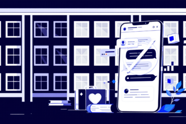 Editorial illustration depicting educational institution with digital device and prohibition symbol representing AI restrictions in schools