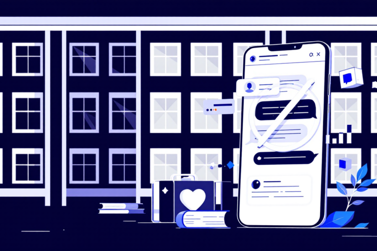 Editorial illustration depicting educational institution with digital device and prohibition symbol representing AI restrictions in schools
