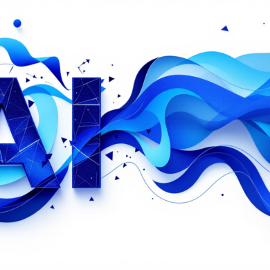 Abstract illustration depicting transformation of AI terminology through geometric shapes and text elements