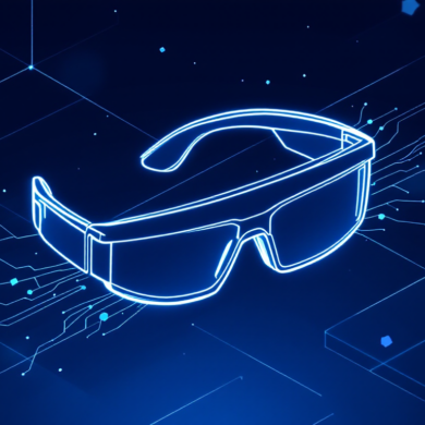 Abstract illustration of AI-enabled smart glasses with neural network patterns representing Meta's wearable technology strategy