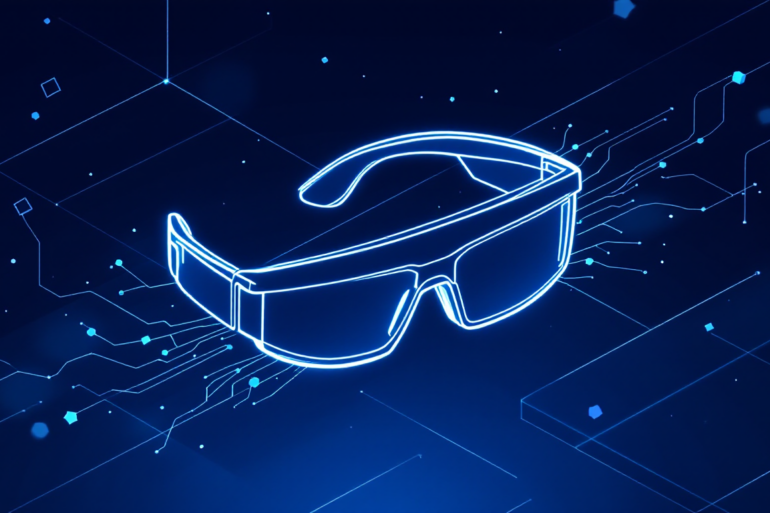Abstract illustration of AI-enabled smart glasses with neural network patterns representing Meta's wearable technology strategy