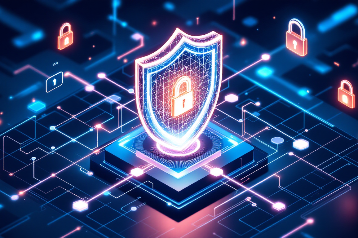 Abstract geometric illustration representing AI cybersecurity infrastructure with shield and neural network patterns
