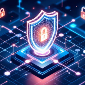 Abstract geometric illustration representing AI cybersecurity infrastructure with shield and neural network patterns