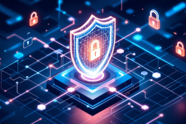 Abstract geometric illustration representing AI cybersecurity infrastructure with shield and neural network patterns