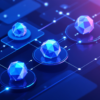 Abstract illustration of autonomous AI agents navigating enterprise workflow networks with geometric shapes and connecting pathways